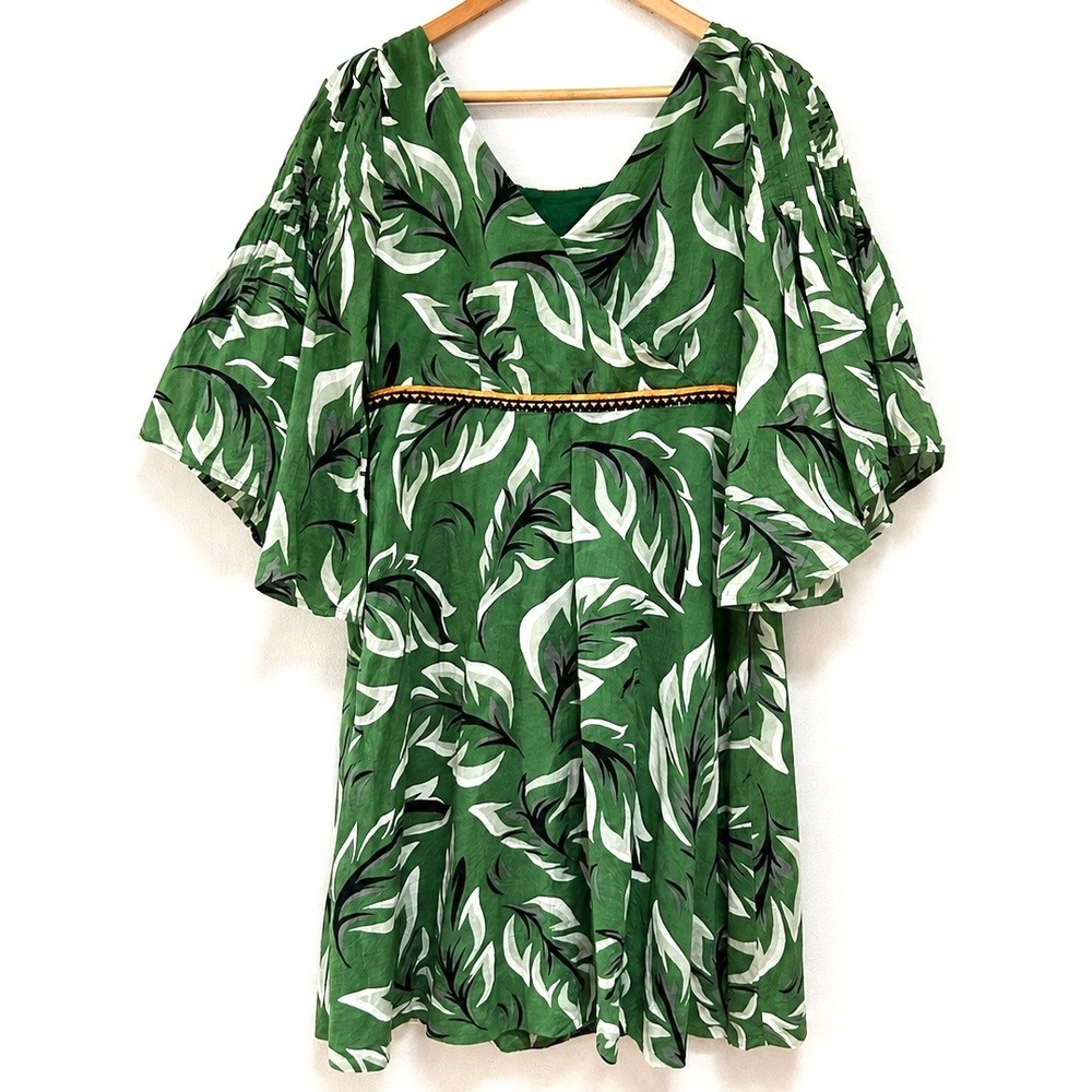 Anthropologie Vanessa Virginia Green Palm Leaf Dress 4 Cotton Boho Embroidered